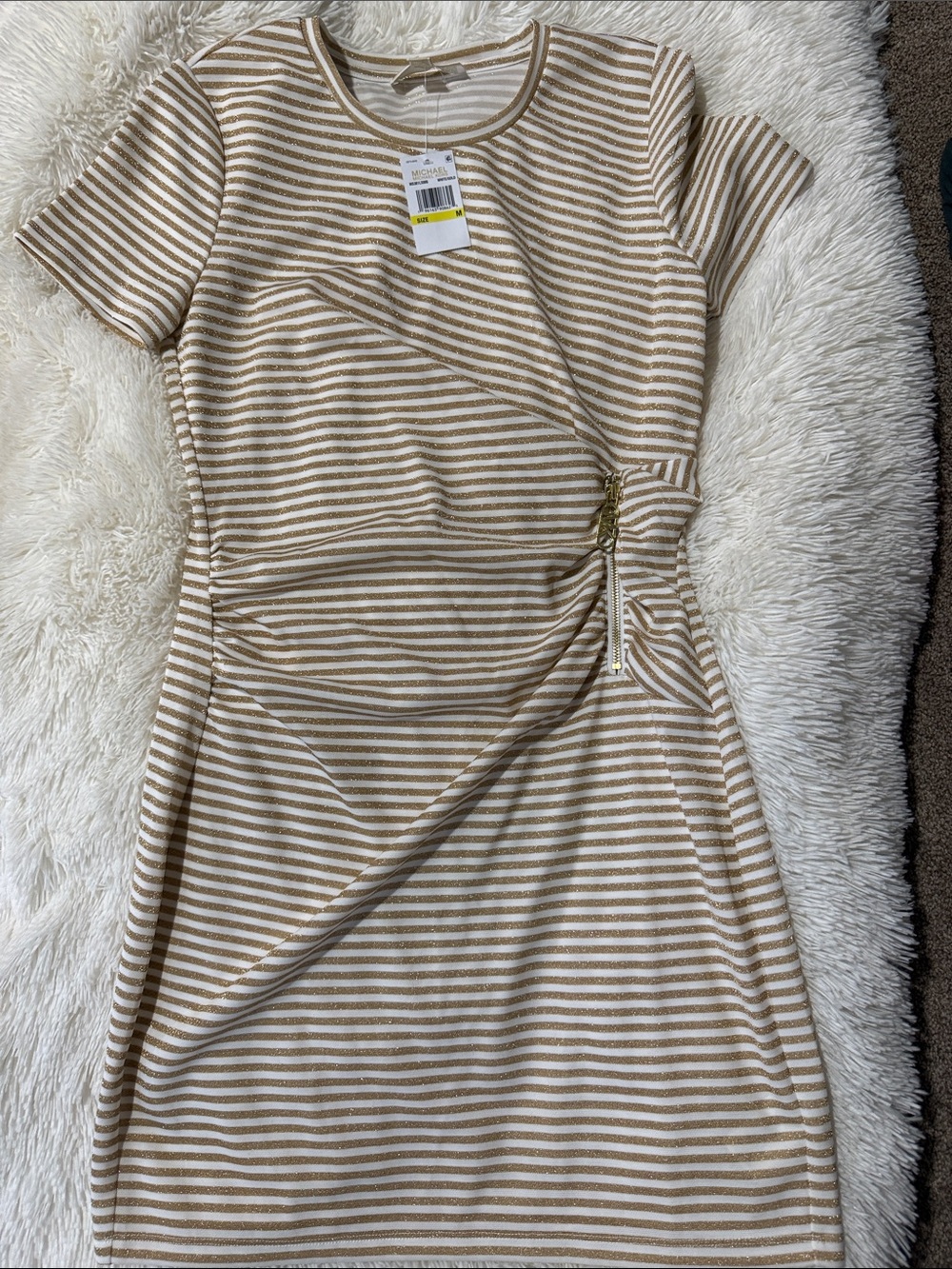 Michael Kors Beige and White Striped Short-Sleeve Sheath Dress